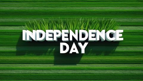 Independence day 3d text on green striped grass field