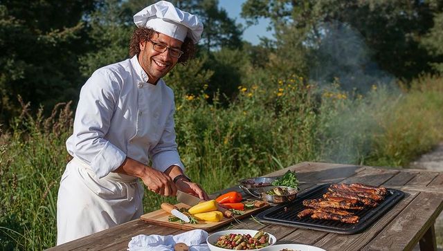 Chef preparing grilled ribs and fresh vegetables on rustic picnic table