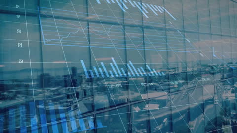 Digital Analytics Overlay on Cityscape Demonstrating Data Visualization