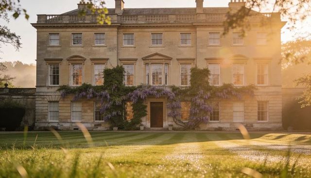 Golden dawn on georgian manor with wisteria draping facade and dewy manicured lawn