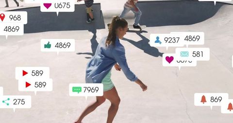 Teenager Skateboarding through Bowl Surrounded by Social Media Notifications