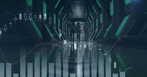 Financial growth over business team in futuristic office