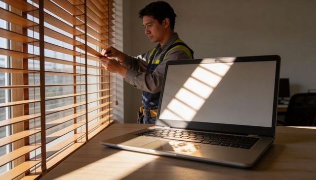 Technician adjusting wooden blinds in office with open laptop, tool belt and sunlit shadows