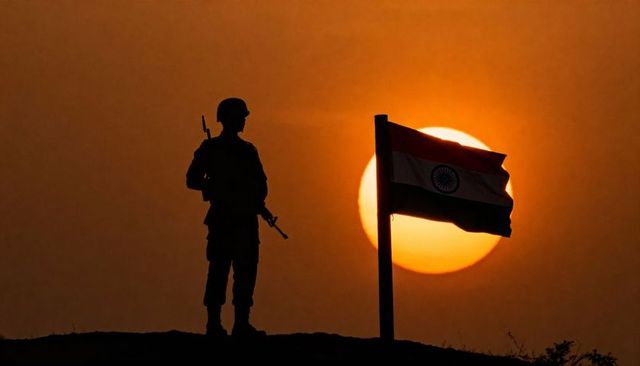 Silhouette indian soldier standing guard beside tricolour flag on hill at dramatic sunset