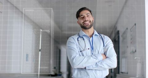 Confident doctor in modern hospital corridor with technology overlay