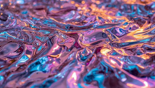 Iridescent rippled metallic surface reflecting neon pink purple blue lights
