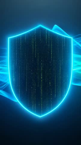 Cyan Neon Shield Forming with Matrix Code and Energy Ribbons | Vertical Tech Animation