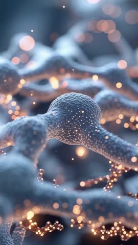 Vertical pullback on pulsing molecular node driving glowing filament flow in nanotech mesh