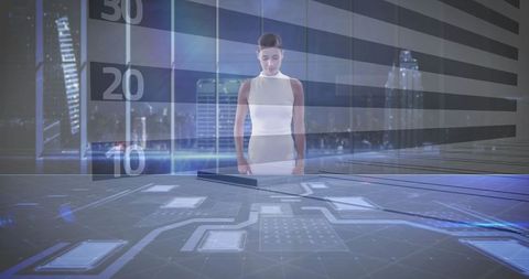 Businesswoman utilizing holographic data display with urban skyline
