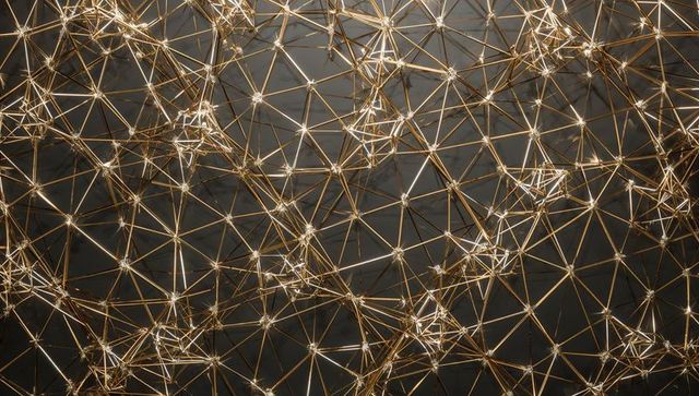 Glowing gold lattice network with illuminated nodes and geometric metal connections