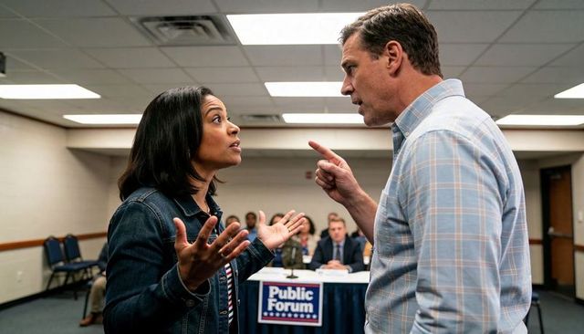 Man pointing while woman arguing during heated public forum debate in community meeting