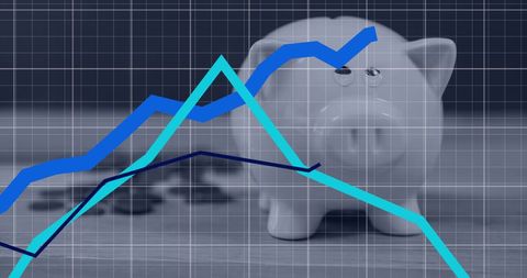Graphical lines represent financial data trending over image of piggybank and coins, illustrating financial growth and analysis concepts. Use for articles on economic trends, financial planning content, investment advice resources, or financial success strategies.