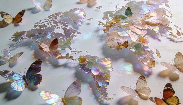 Glittering iridescent world map with fluttering opalescent butterflies and jewel continents