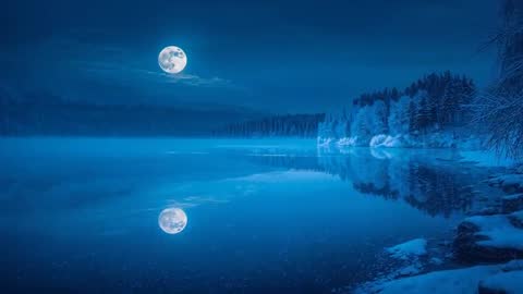 Full Moon Reflecting Over Tranquil Snow-Covered Lake