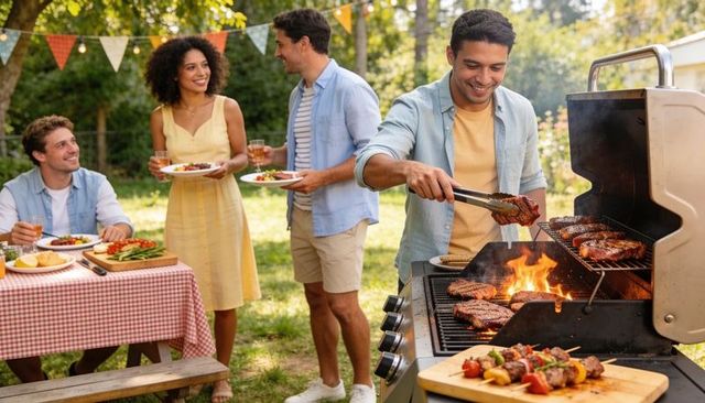 Man grilling steaks while friends enjoying backyard summer barbecue with skewers