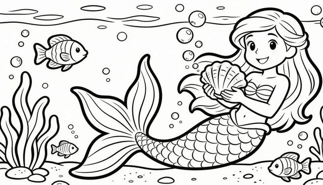 Smiling mermaid holding large shell underwater coloring page black and white line art