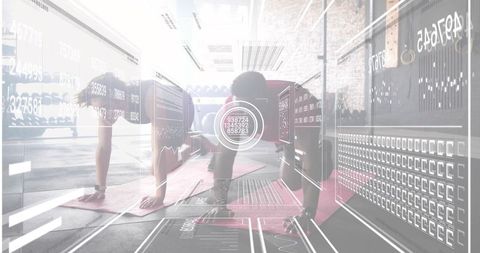 Fitness partners holding plank with augmented reality hud overlays and performance metrics