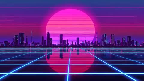 Retrofuturistic Synthwave Cityscape Loop with Pulsing Pink Sun and Neon Grid Reflection