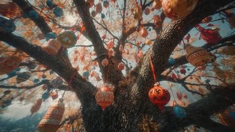 Colorful Ornaments On Tree Creating Festive Vibe In Woodland Setting