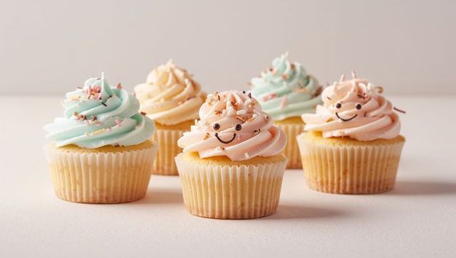 Pastel smiling cupcakes displaying swirled buttercream, chocolate faces and sprinkles