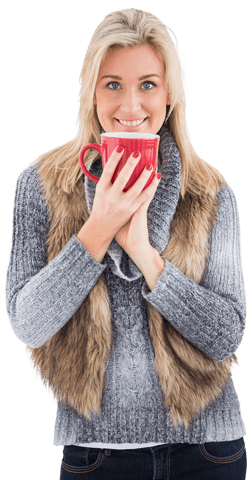 Smiling Woman Holding Red Mug in Winter Attire on Transparent Background