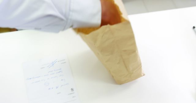 Paper bag sits on white surface, with prescription note alongside it. Pharmacist or doctor hand reaching into the bag implies medical related activity, such as medication prep or patient care. Quality for illustrating medical or pharmacy services in healthcare industry.