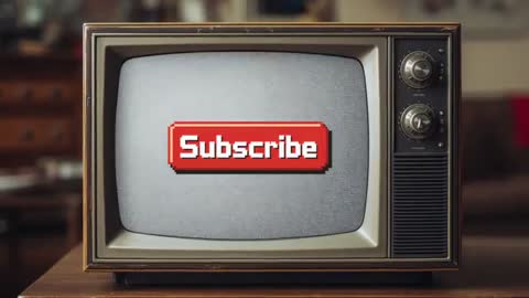 Vintage CRT Television Displaying Pixel-Art Subscribe Button with Static Interference