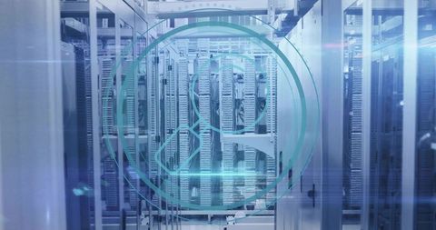 Futuristic data center aisle showing blade servers, cable bundles and teal holographic overlay