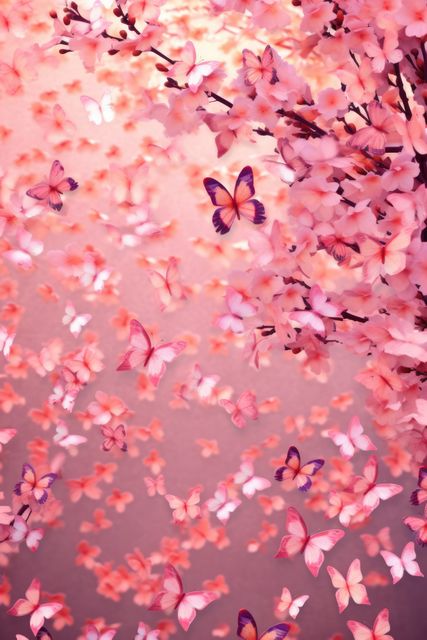 Pink butterflies and flowers on pink background, created using generative ai technology. Beauty in nature, delicacy and femininity wallpaper background concept digitally generated image.