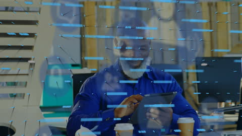 Smiling Business Professional Navigating Digital Tablet with Technology Overlay