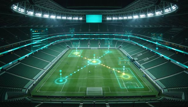 Soccer stadium tactical analytics overlay showing player movement and data visualization