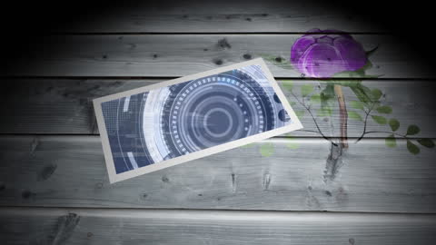 Futuristic Scope Overlay on Flowers and Wooden Background