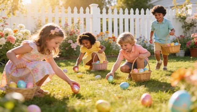 Children gathering pastel easter eggs on sunlit backyard lawn with wicker baskets