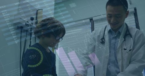 Doctor and Patient Interacting with Overlay of Global Financial Data