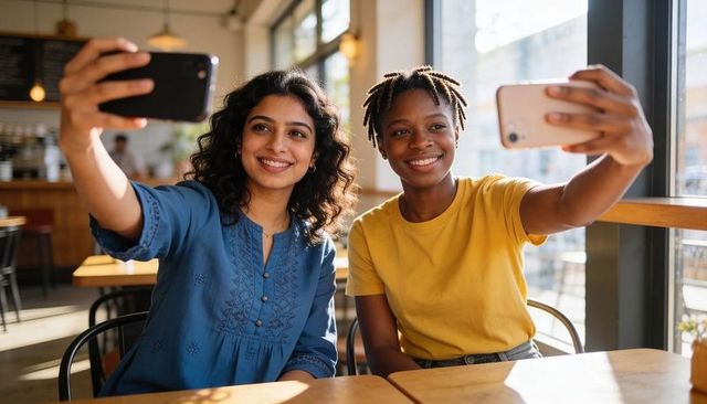 Friends taking selfies at sunlit cafe window, smiling young women sharing happy moment