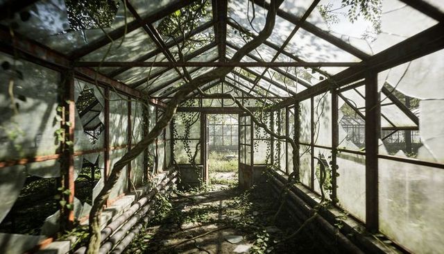Abandoned greenhouse corridor reclaiming by vines overgrowth mossy rusted glass and sunlight