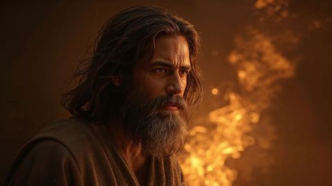 Bearded moses in brown robe contemplating flames