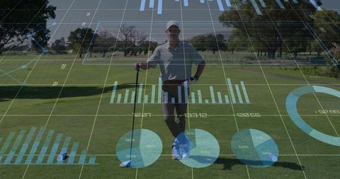 Golfer Analyzing Performance Data on Course with High-Tech Interface