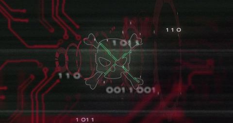 Neon skull-and-crossbones pulsing on glitching cyber circuit interface with binary
