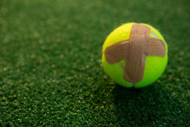 Close up of tennis ball with bandage on field