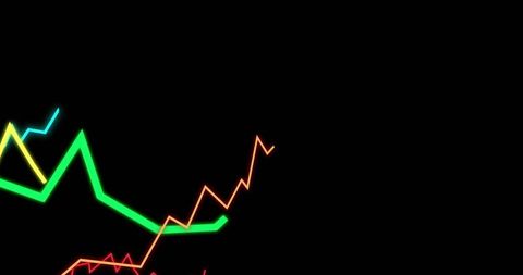Neon data lines rising and falling on black background with ample copy space