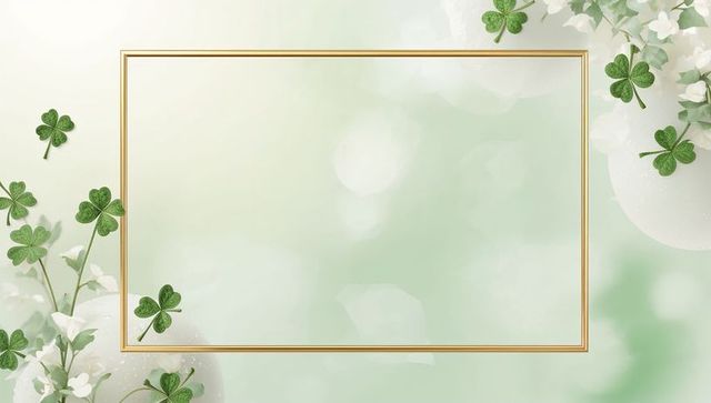 Golden Double-Line Rectangular Frame on Soft Green Featuring Four-Leaf Clovers and White Blossoms