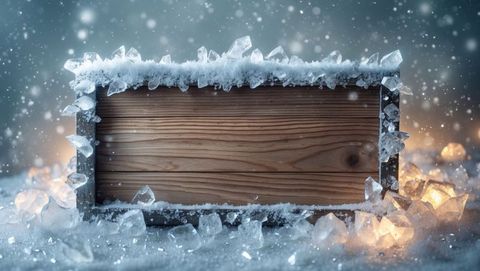 Frost-Covered Wooden Board in Snowy Ambience with Glowing Lights