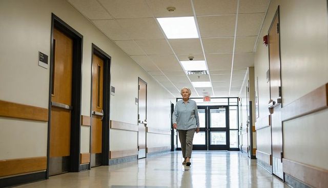 Senior woman walking down care facility corridor with wooden handrails, daylight calm