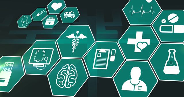 Visual representation of modern digital healthcare with symbols like stethoscope, brain, ambulance, cross, clipboard, and test tube on a green hexagonal grid backdrop. Useful for technology platforms, healthcare tech, medical innovation presentations, and educational material.