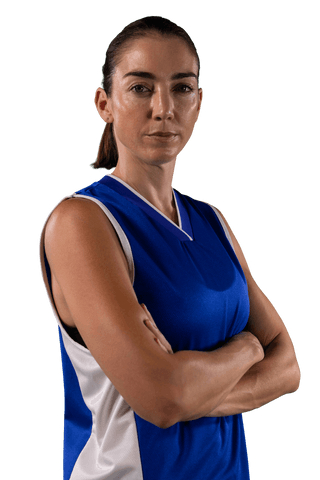 Confident female basketball player in blue jersey transparent background