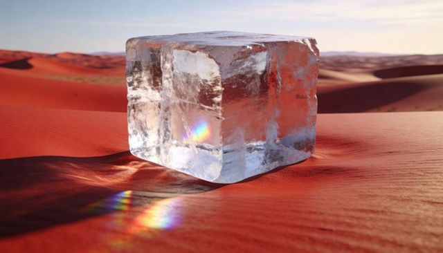 Surreal crystal cube refracting sunlight into rainbow on red desert dunes