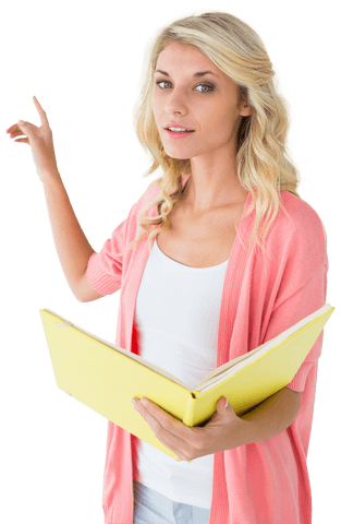 caucasian woman holding yellow book pointing on transparent background - Download Free Stock Videos Pikwizard.com