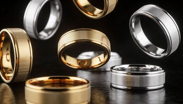 Floating gold and silver ribbed rings showcasing reflective textures for luxury branding