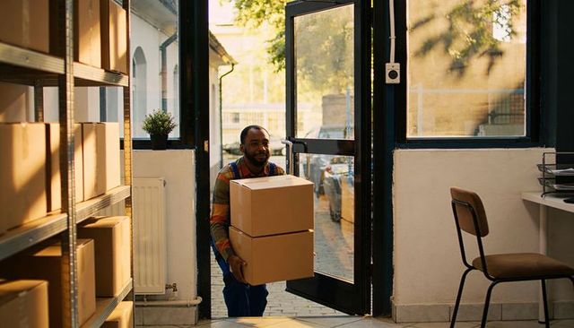 Delivery worker carrying boxes through sunlit storefront doorway into busy packing area for retail